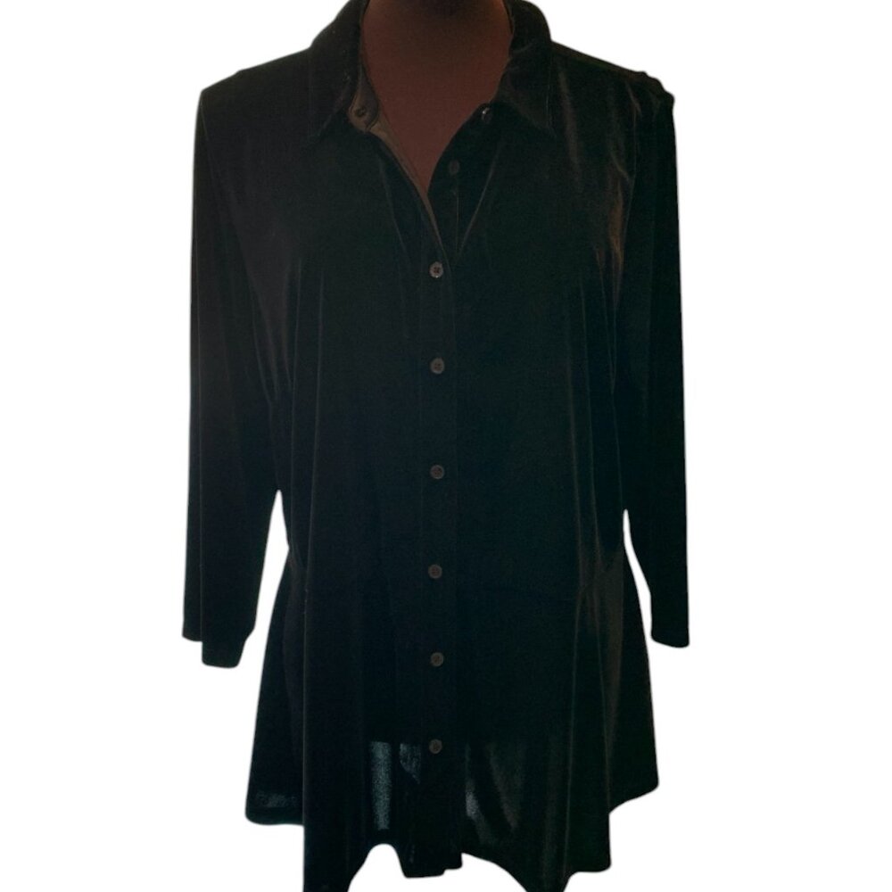 Isaac Mizrahi Velvet Button Front Peplum Knit Top Black